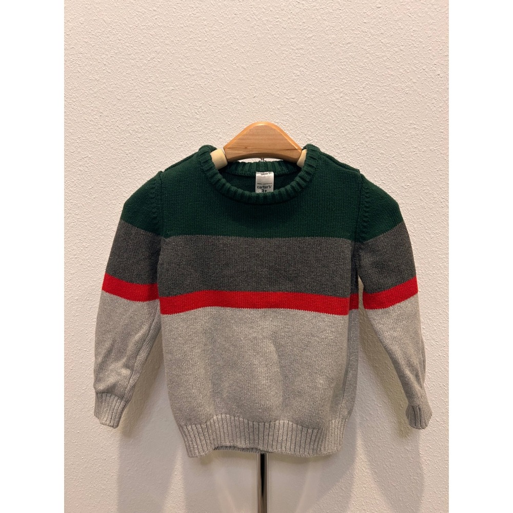 NWOT Carters Boys Green Gray Red Striped Crew Neck Sweater Size 3T - Picture 2 of 6